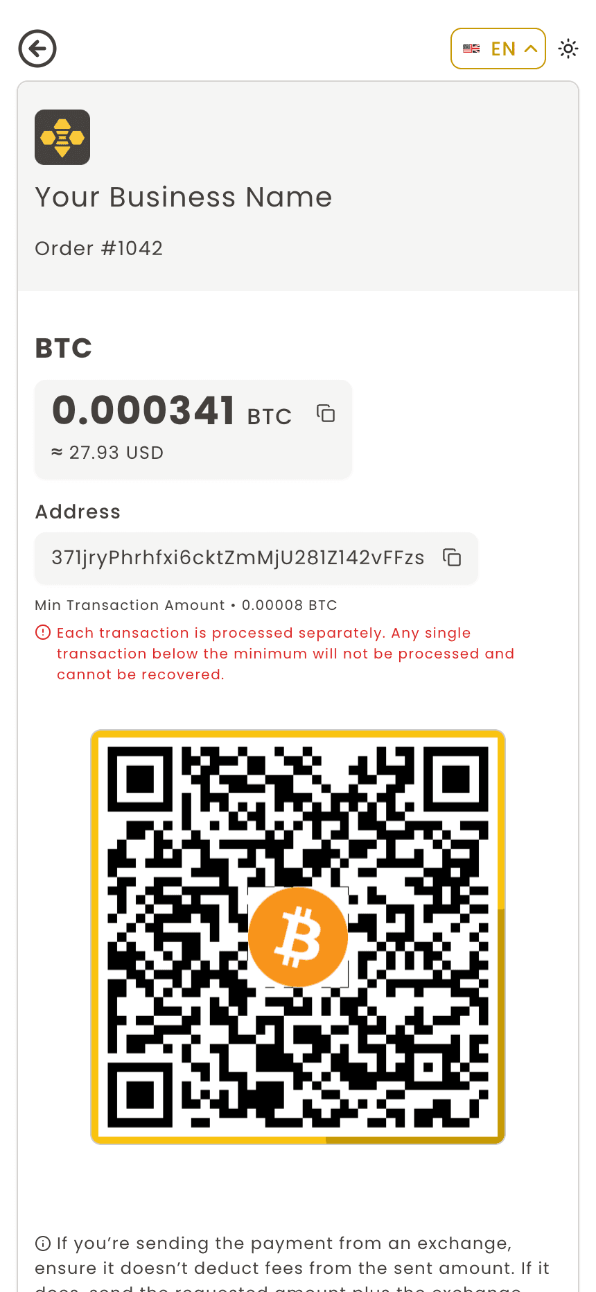 Checkout: pay with the address or QR code