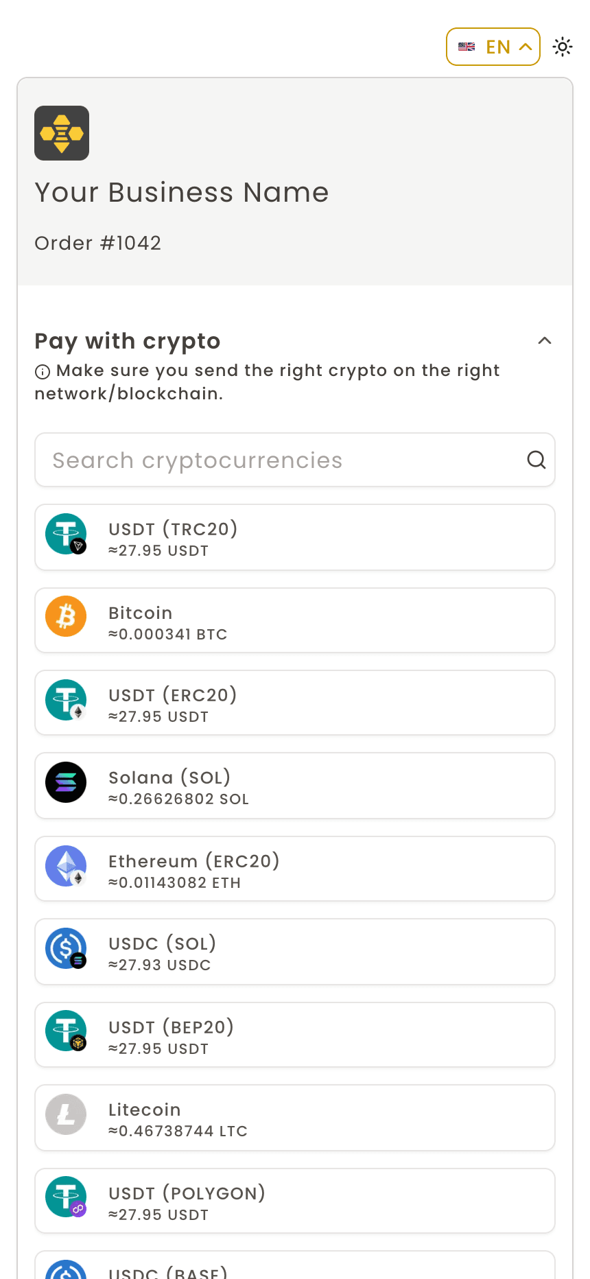 Checkout: choose a cryptocurrency