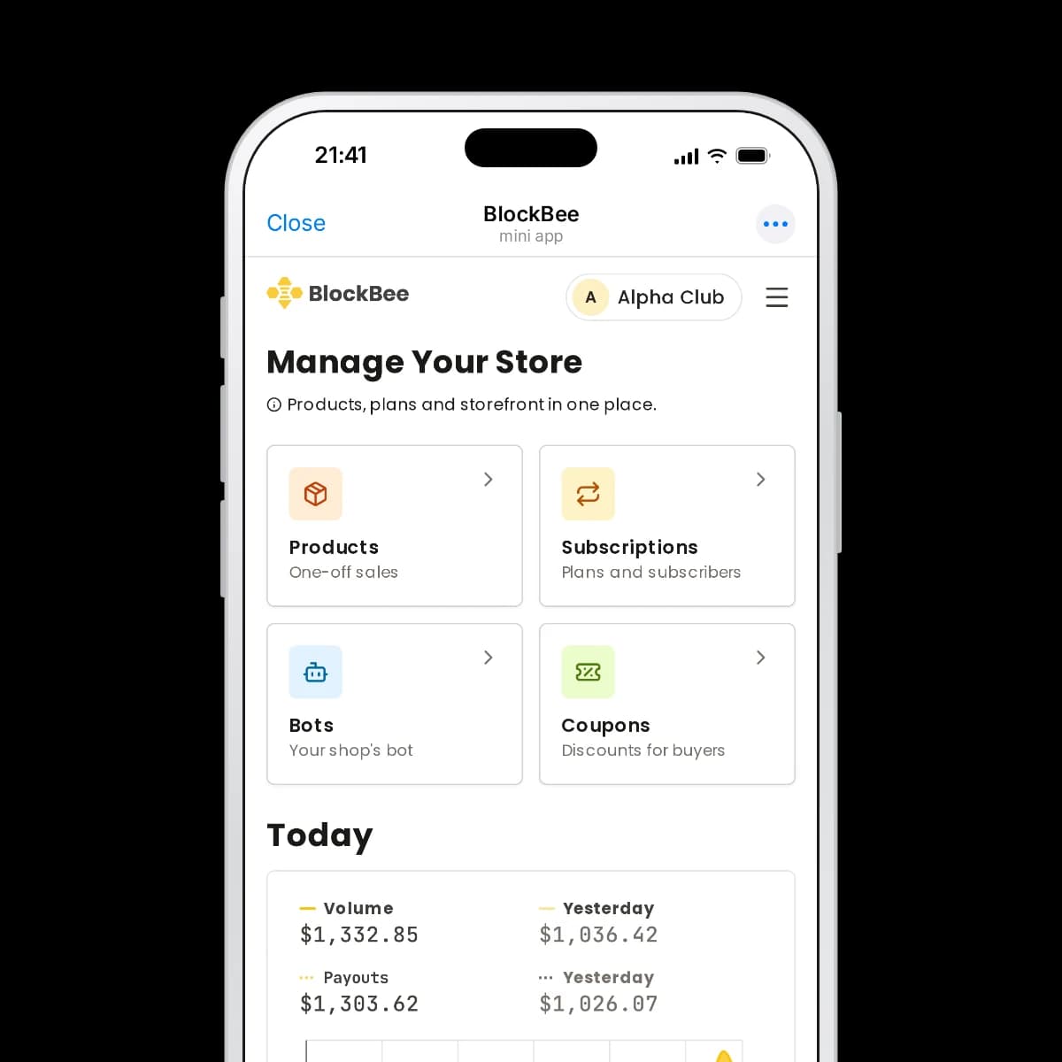 BlockBee Telegram Bot Mini App: the seller home screen with today's sales